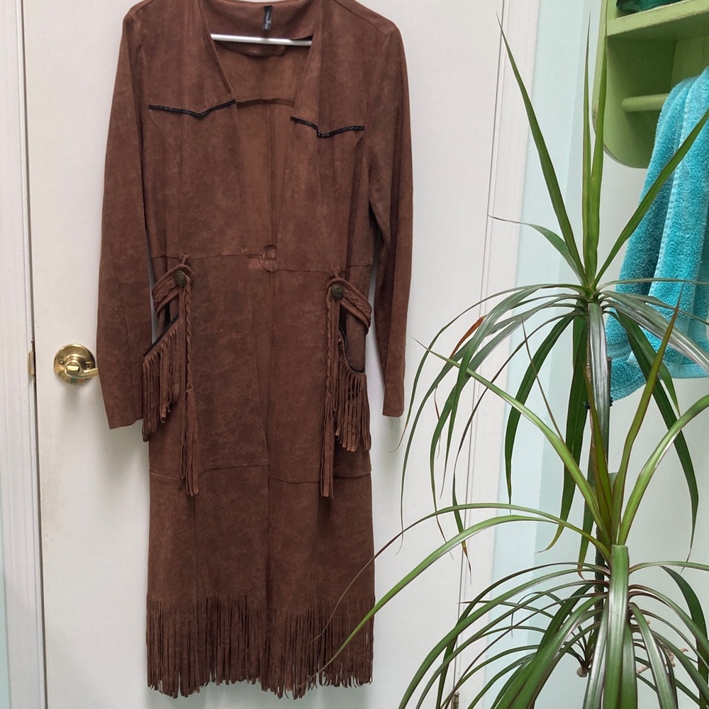 Brown faux suede Fringe Coat